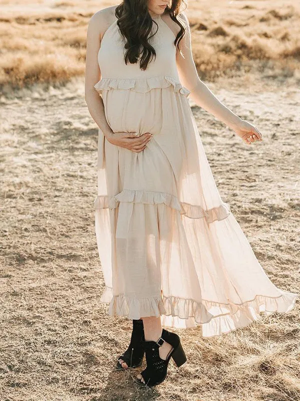 Momnfancy Apricot Ruffle Tie Back Off-shoulder Big Swing Round Neck Elegant Photoshoot Baby Shower Maternity Maxi Dress
