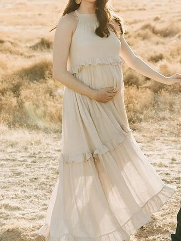 Momnfancy Apricot Ruffle Tie Back Off-shoulder Big Swing Round Neck Elegant Photoshoot Baby Shower Maternity Maxi Dress