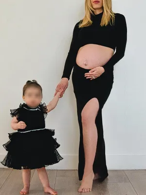 Momnfancy Black 2-in-1 Cut Out Side Slit High Neck Fashion Bodycon Photoshoot Party Club Maternity Maxi Dress