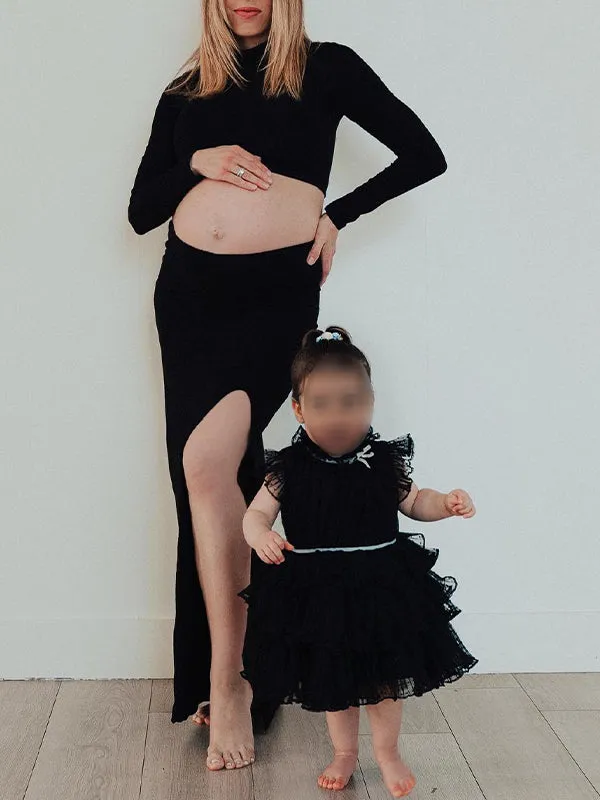 Momnfancy Black 2-in-1 Cut Out Side Slit High Neck Fashion Bodycon Photoshoot Party Club Maternity Maxi Dress