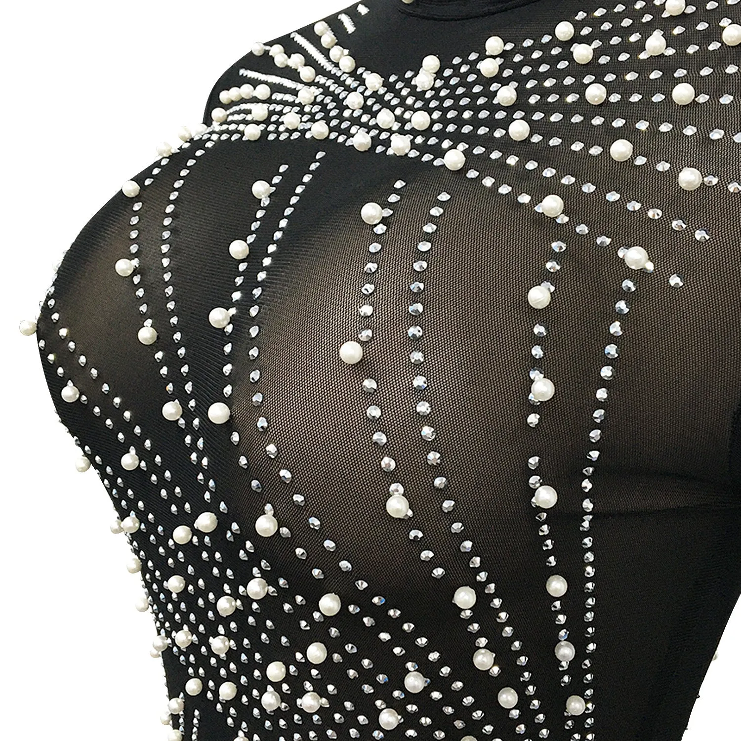 Momnfancy Black Mesh Rhinestone Pearl Tassel Irregular Sheer Bodycon Photoshoot Maternity Mini Dress