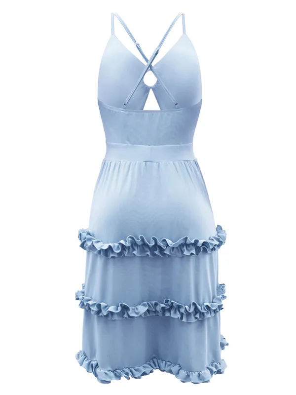 Momnfancy Irregular Cut Out Ruffle A-line Backless Cami Cute Going Out Maternity Photoshoot Baby Shower Party Midi Dress