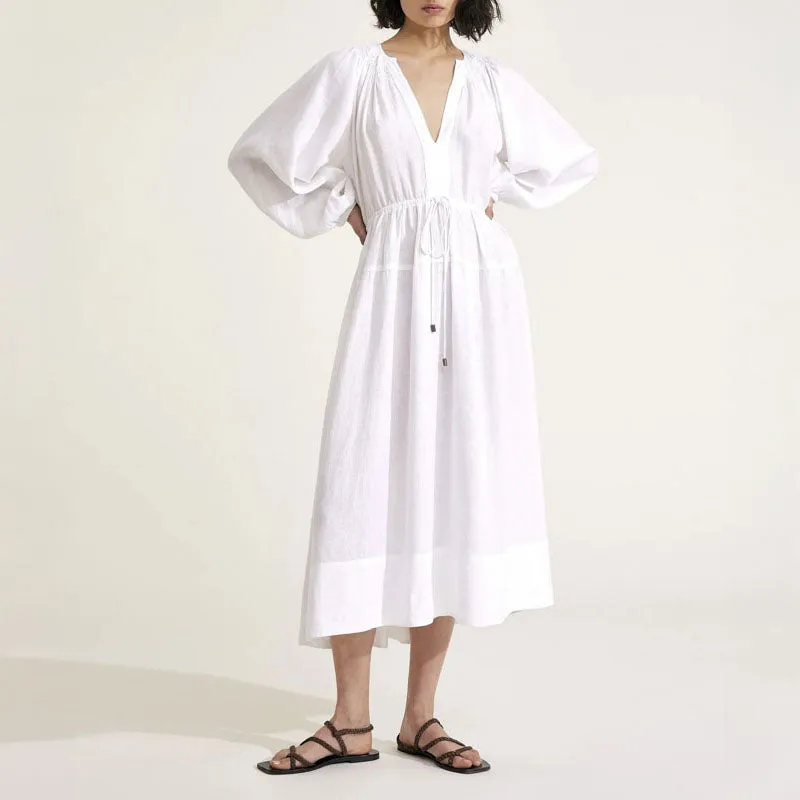 MONDO CORSINI Victorine Linen Smocked Midi Dress in White