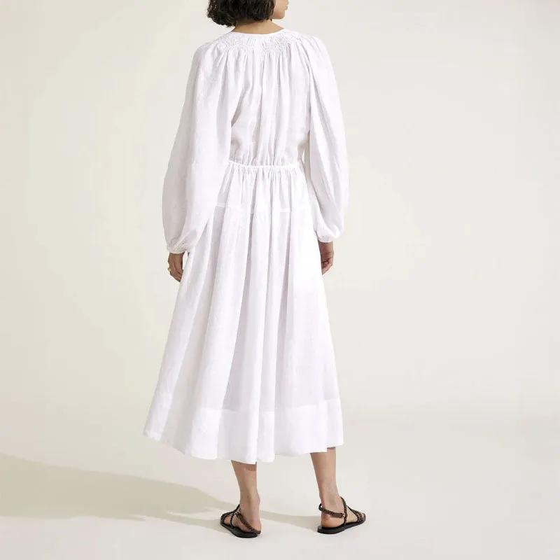 MONDO CORSINI Victorine Linen Smocked Midi Dress in White