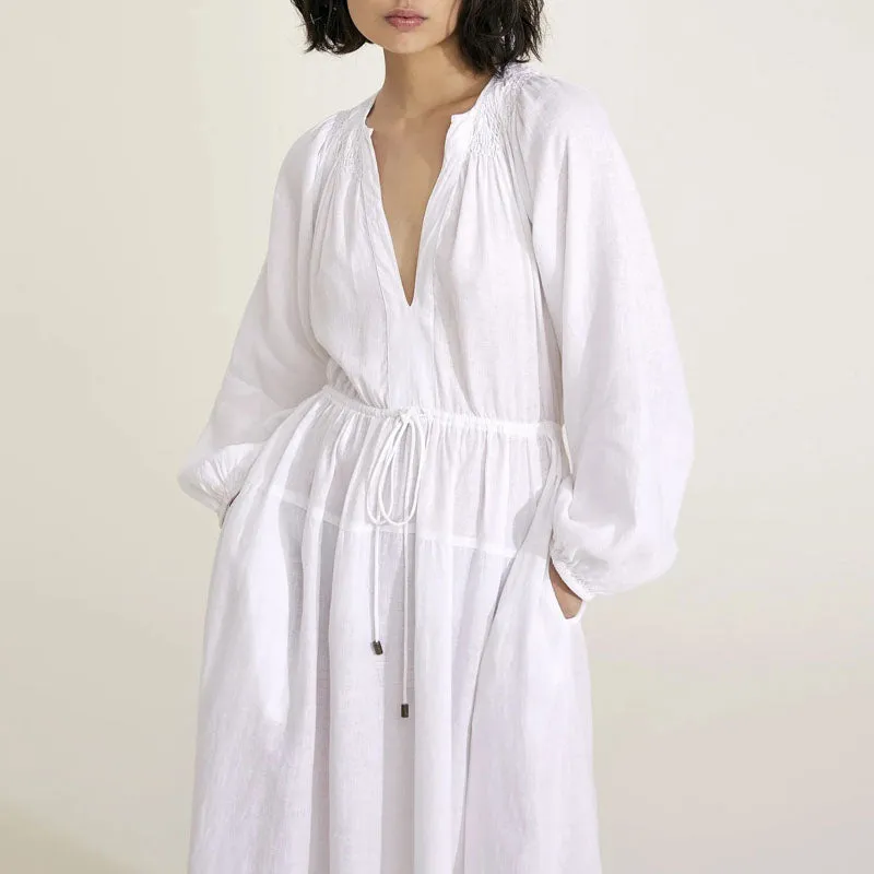 MONDO CORSINI Victorine Linen Smocked Midi Dress in White