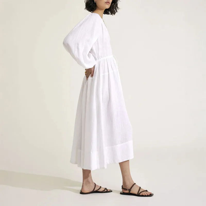 MONDO CORSINI Victorine Linen Smocked Midi Dress in White