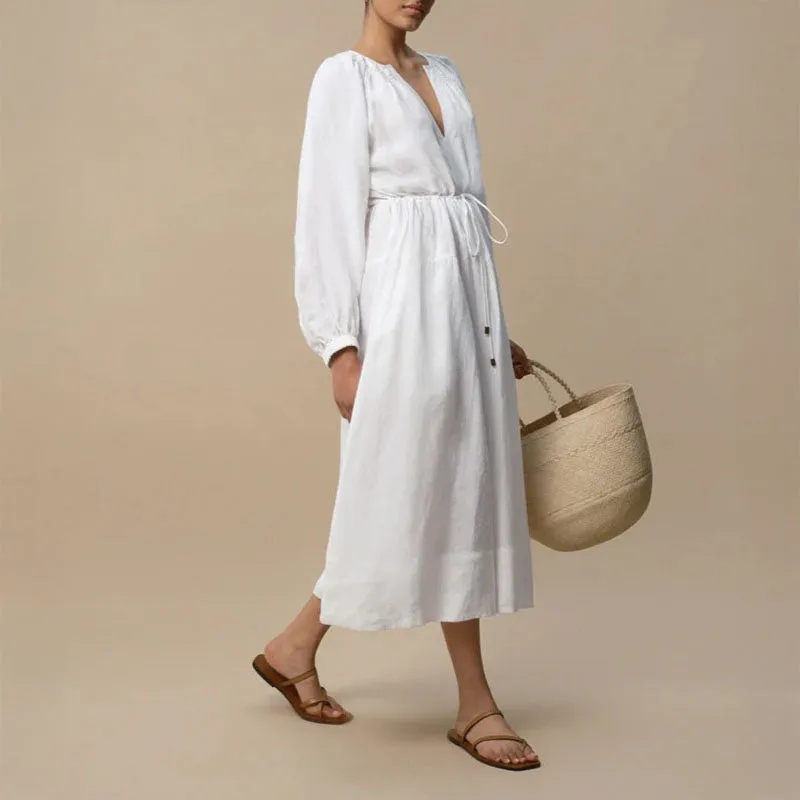 MONDO CORSINI Victorine Linen Smocked Midi Dress in White