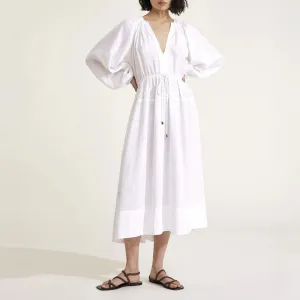 MONDO CORSINI Victorine Linen Smocked Midi Dress in White