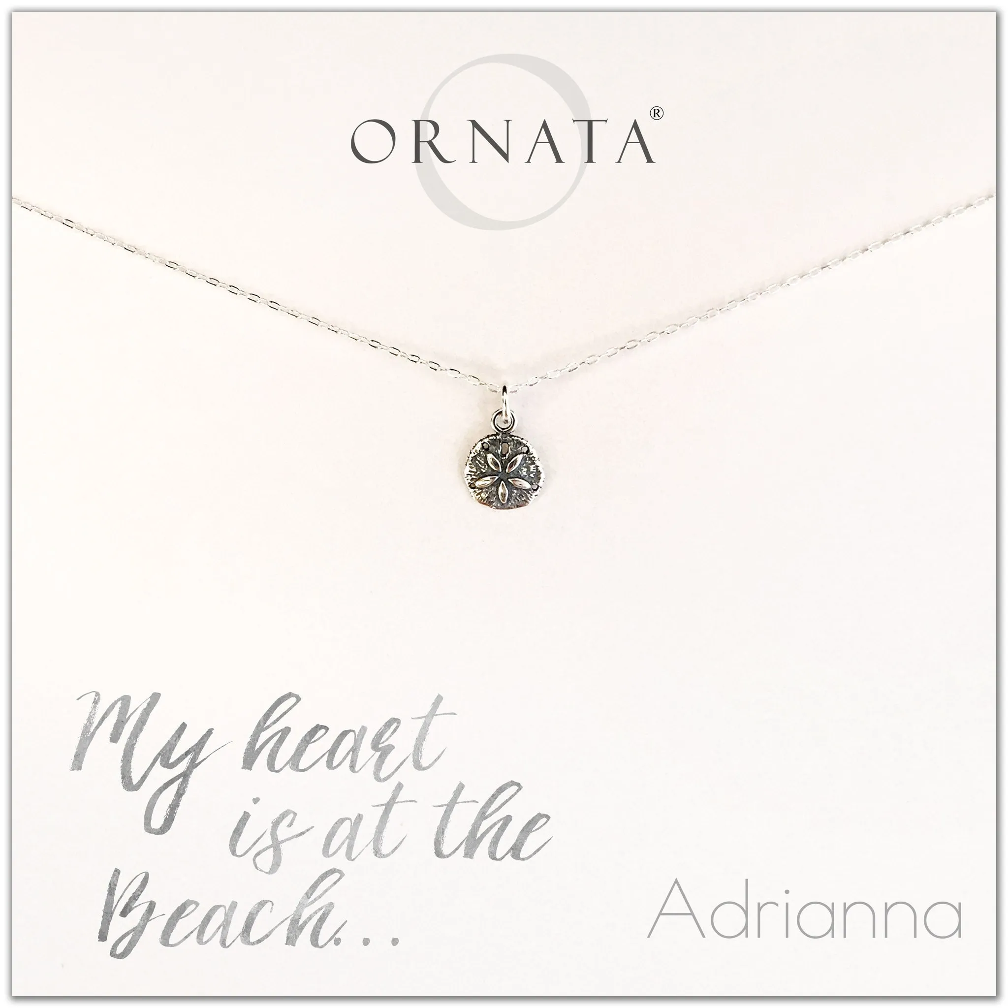 “My Heart is at the Beach” Sterling Silver Sand Dollar Necklace on Personalized Jewelry Card