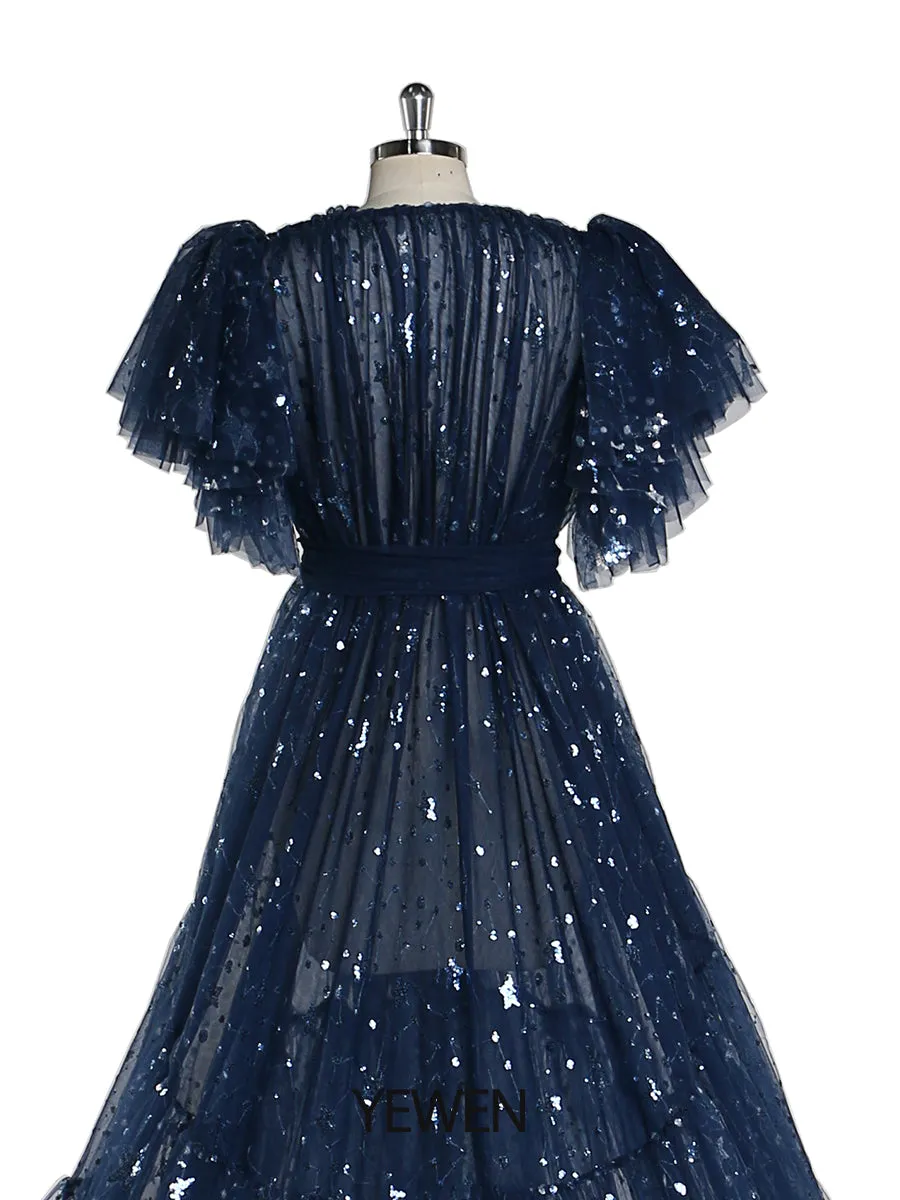 Navy Blue Sparkle Evening Dress Long Open Front Ruffle Sleeve Photo Shoot Dress Long Train Maternity Dress for Baby Shower