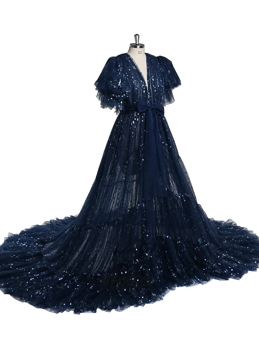 Navy Blue Sparkle Evening Dress Long Open Front Ruffle Sleeve Photo Shoot Dress Long Train Maternity Dress for Baby Shower