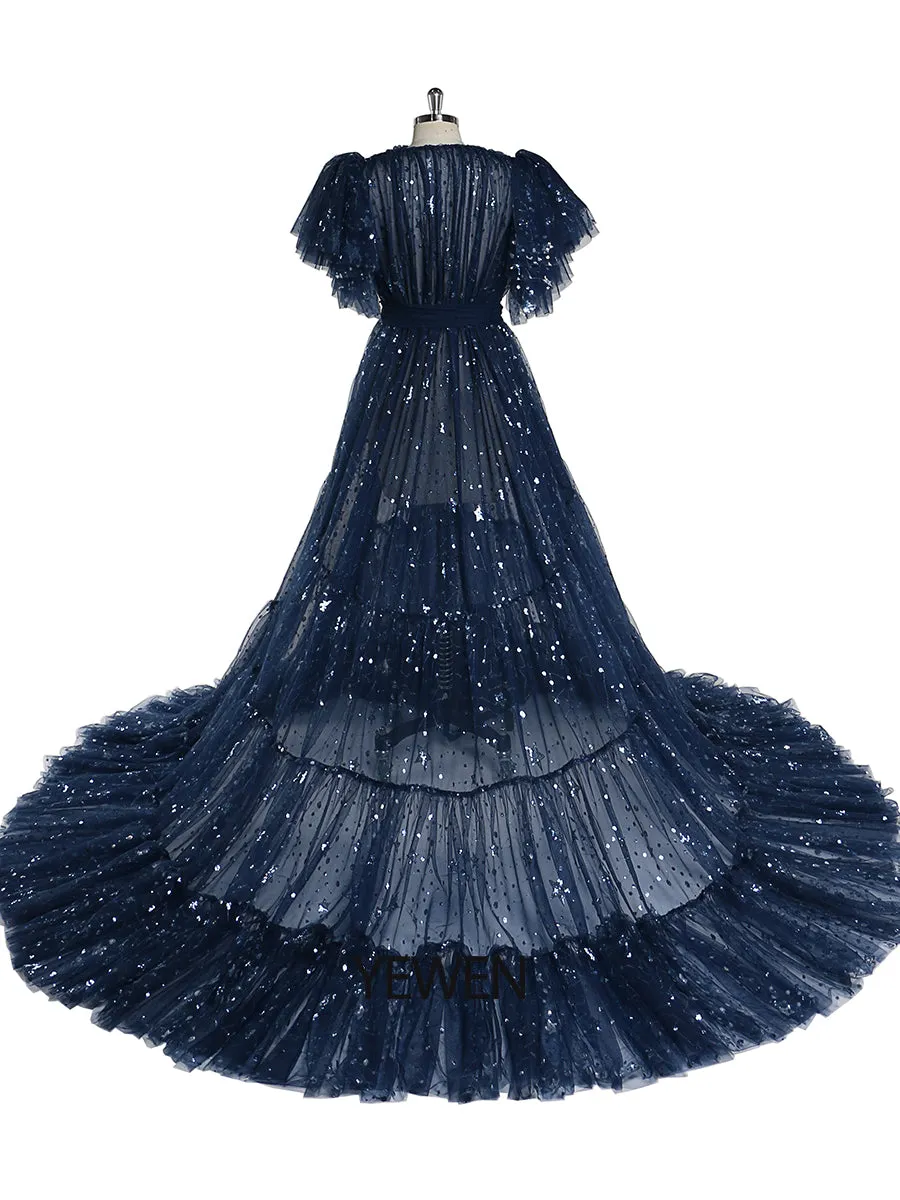 Navy Blue Sparkle Evening Dress Long Open Front Ruffle Sleeve Photo Shoot Dress Long Train Maternity Dress for Baby Shower