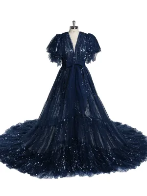 Navy Blue Sparkle Evening Dress Long Open Front Ruffle Sleeve Photo Shoot Dress Long Train Maternity Dress for Baby Shower
