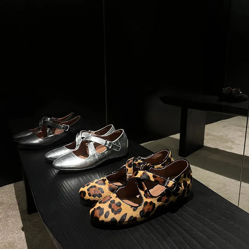NEW & INSTOCK - Korean Leather Cross-Strap Ballet Flats in  Black, Silver and Leopard print