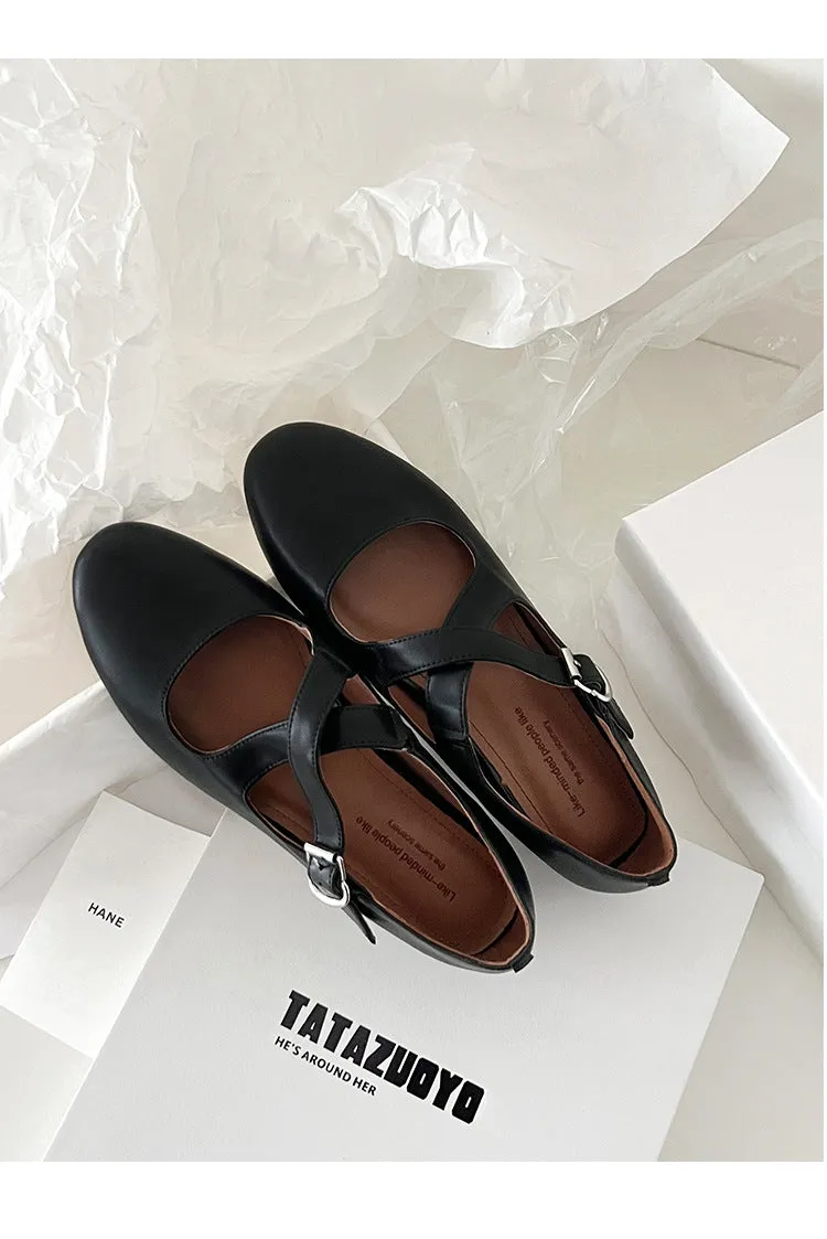 NEW & INSTOCK - Korean Leather Cross-Strap Ballet Flats in  Black, Silver and Leopard print