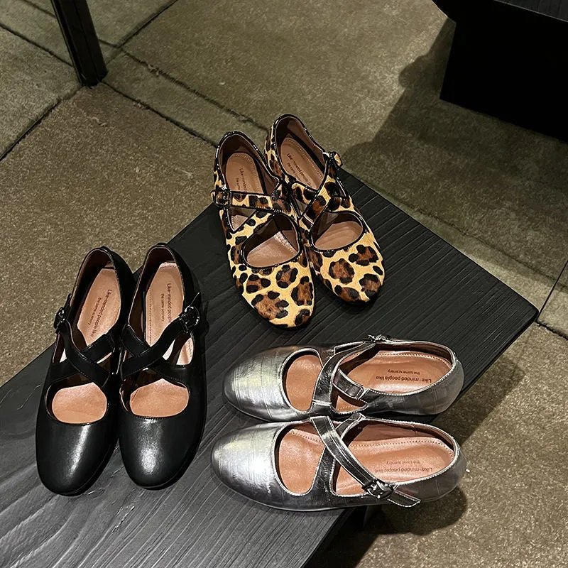 NEW & INSTOCK - Korean Leather Cross-Strap Ballet Flats in  Black, Silver and Leopard print