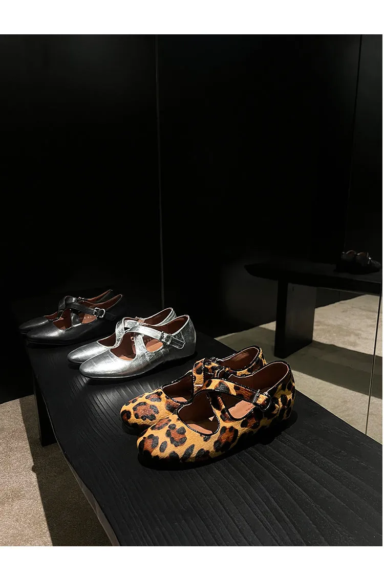 NEW & INSTOCK - Korean Leather Cross-Strap Ballet Flats in  Black, Silver and Leopard print