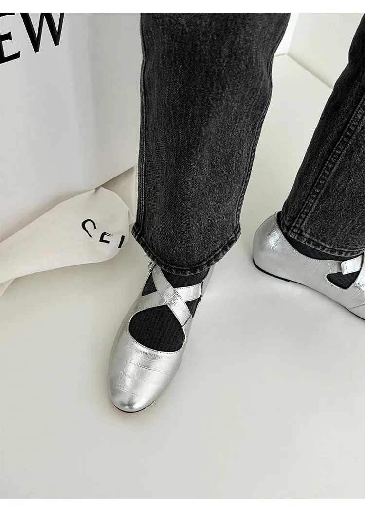 NEW & INSTOCK - Korean Leather Cross-Strap Ballet Flats in  Black, Silver and Leopard print