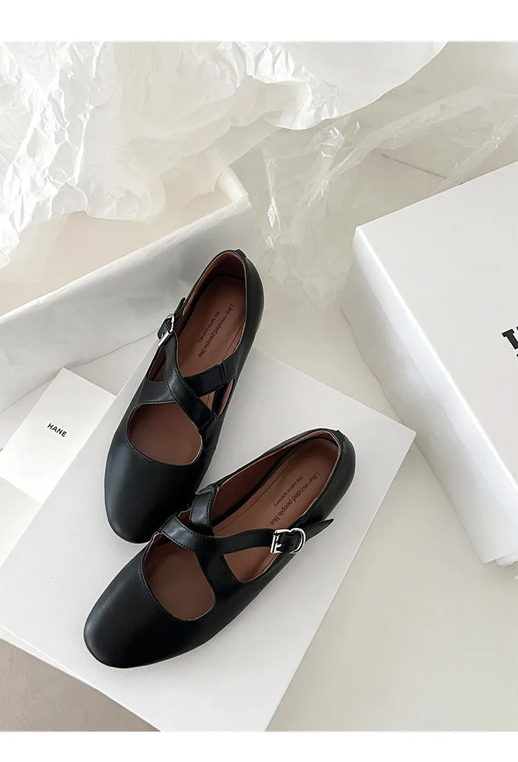 NEW & INSTOCK - Korean Leather Cross-Strap Ballet Flats in  Black, Silver and Leopard print