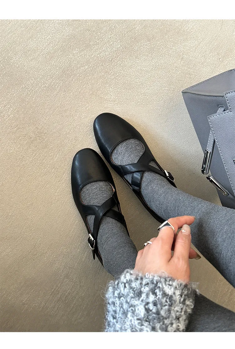 NEW & INSTOCK - Korean Leather Cross-Strap Ballet Flats in  Black, Silver and Leopard print
