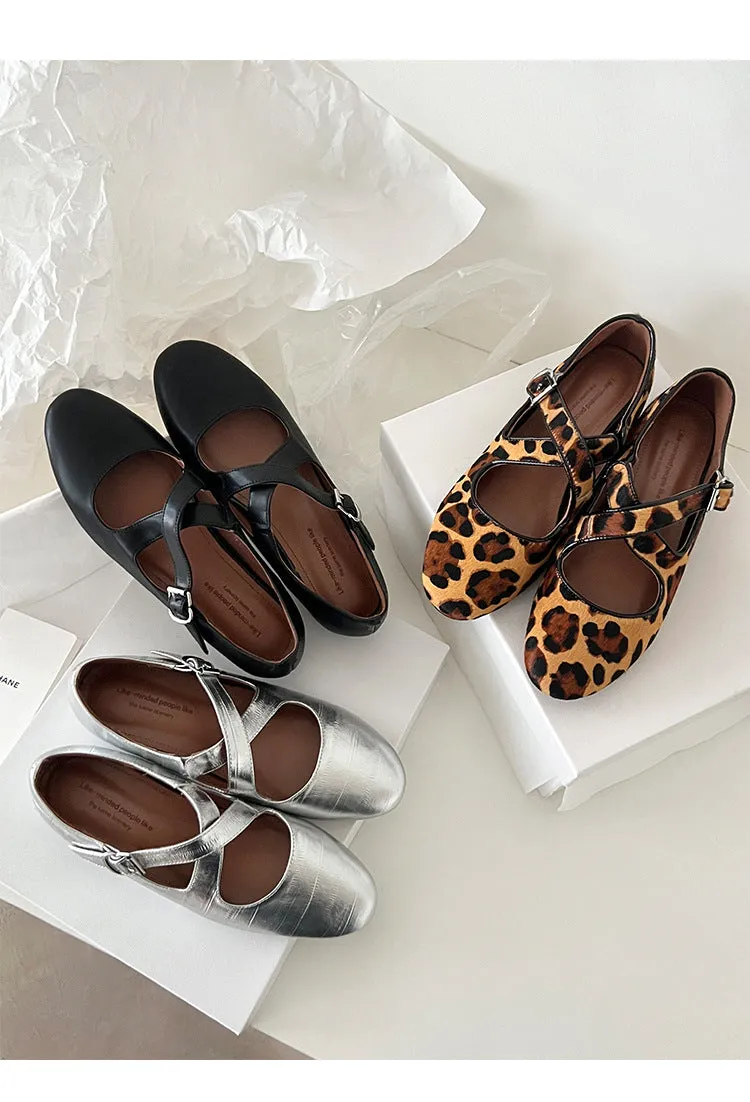 NEW & INSTOCK - Korean Leather Cross-Strap Ballet Flats in  Black, Silver and Leopard print