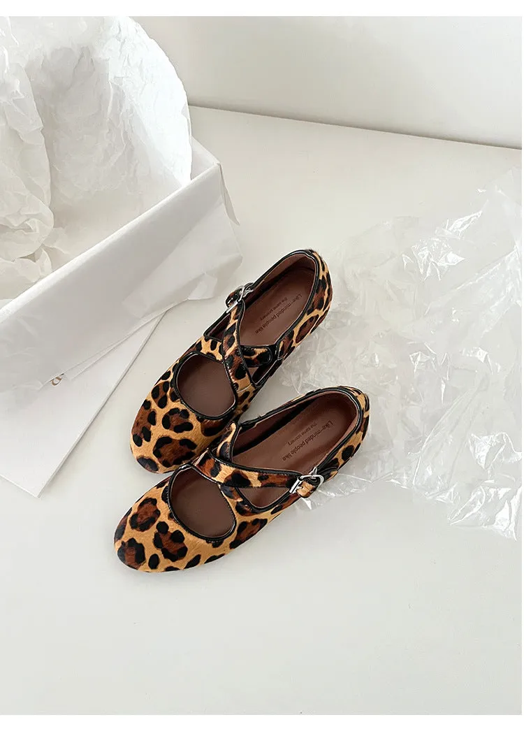NEW & INSTOCK - Korean Leather Cross-Strap Ballet Flats in  Black, Silver and Leopard print