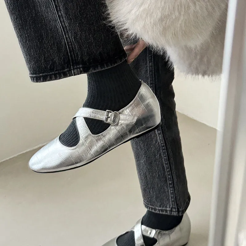 NEW & INSTOCK - Korean Leather Cross-Strap Ballet Flats in  Black, Silver and Leopard print