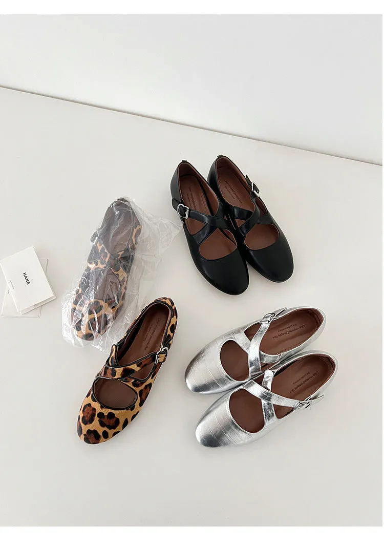 NEW & INSTOCK - Korean Leather Cross-Strap Ballet Flats in  Black, Silver and Leopard print