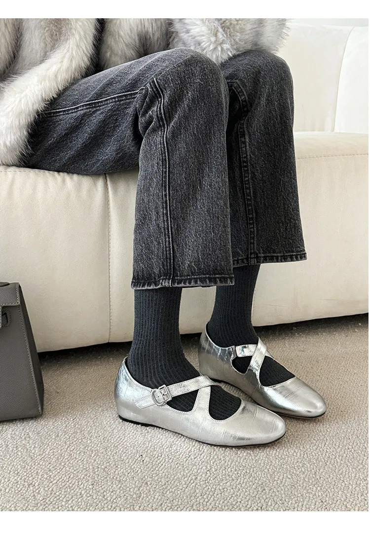 NEW & INSTOCK - Korean Leather Cross-Strap Ballet Flats in  Black, Silver and Leopard print