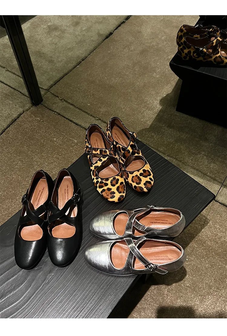 NEW & INSTOCK - Korean Leather Cross-Strap Ballet Flats in  Black, Silver and Leopard print