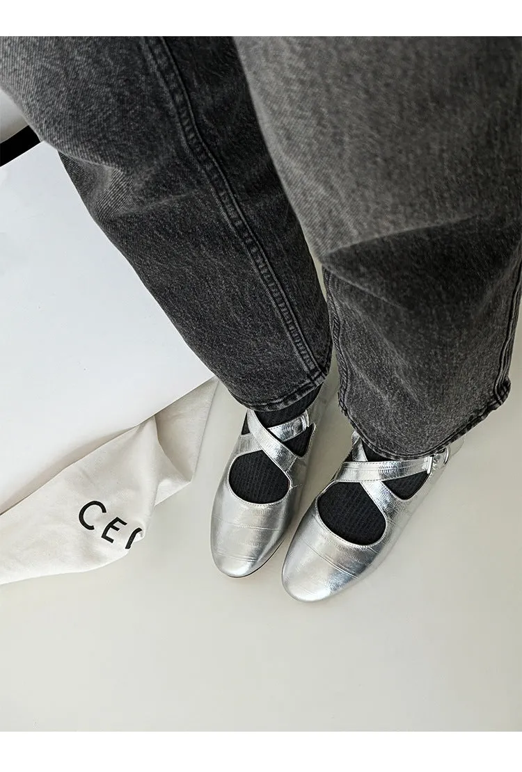 NEW & INSTOCK - Korean Leather Cross-Strap Ballet Flats in  Black, Silver and Leopard print