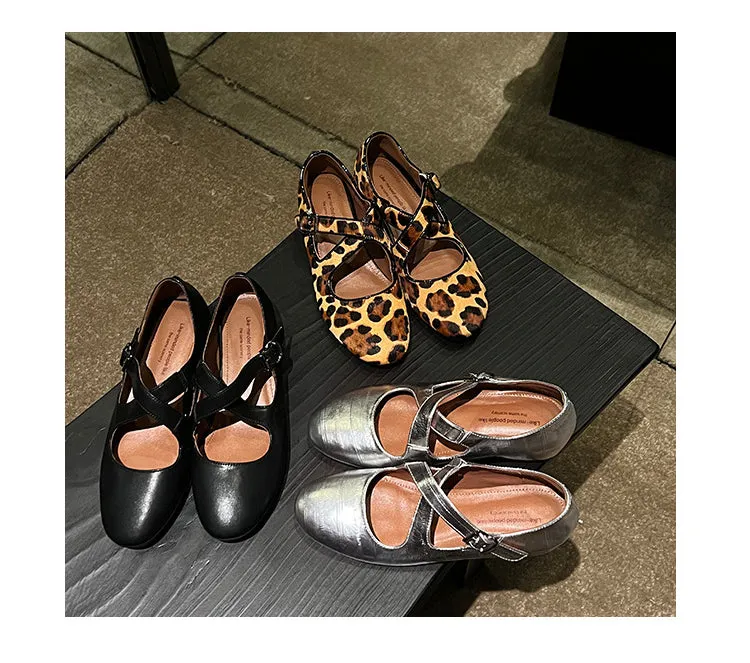NEW & INSTOCK - Korean Leather Cross-Strap Ballet Flats in  Black, Silver and Leopard print