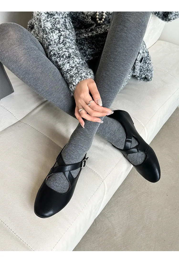 NEW & INSTOCK - Korean Leather Cross-Strap Ballet Flats in  Black, Silver and Leopard print