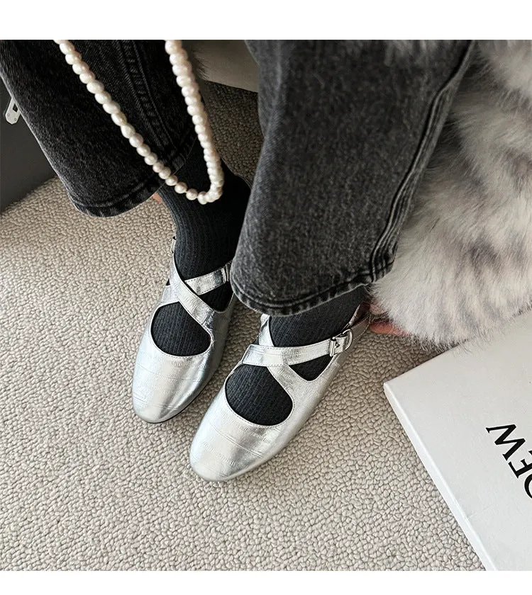 NEW & INSTOCK - Korean Leather Cross-Strap Ballet Flats in  Black, Silver and Leopard print