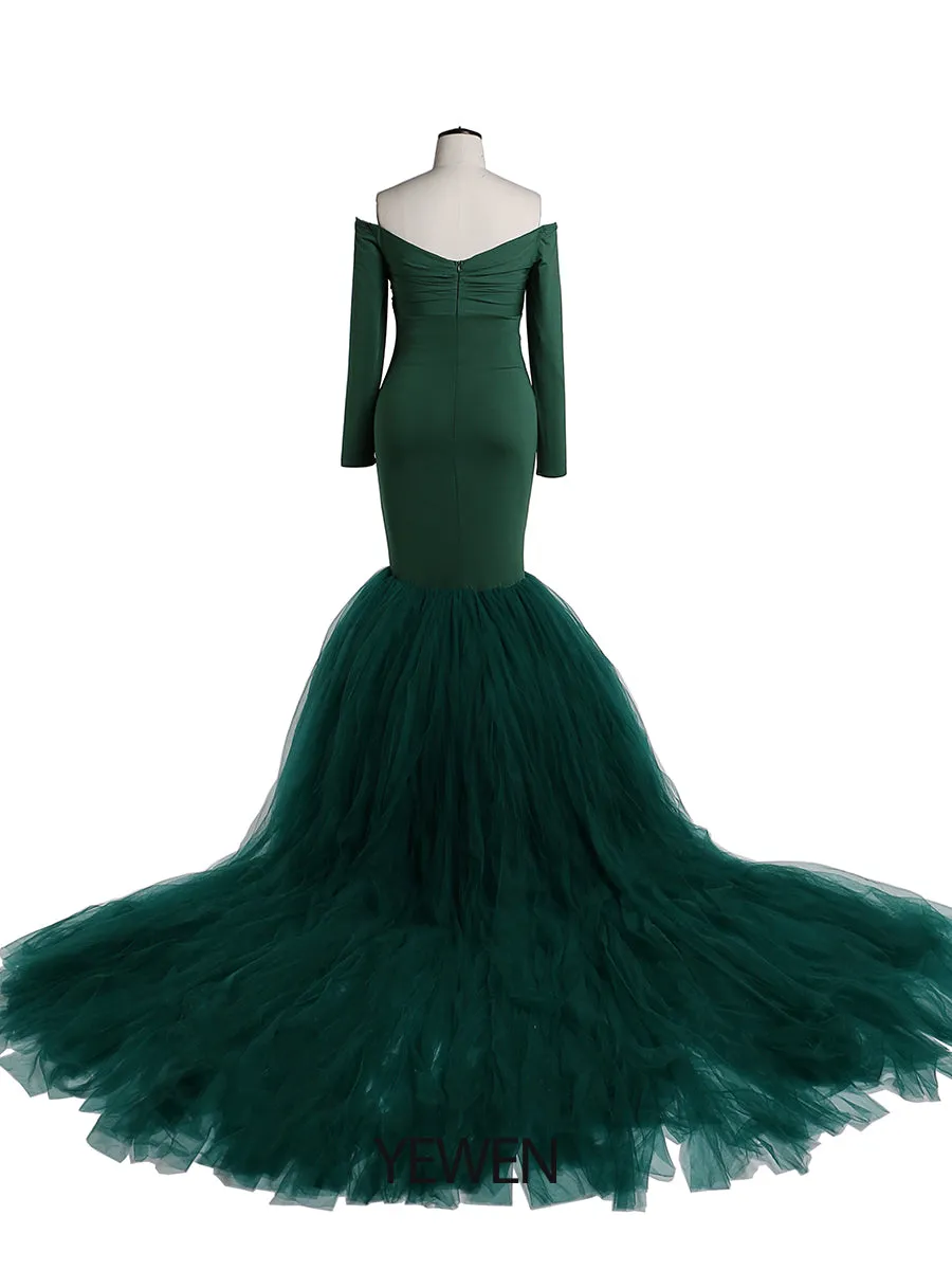 Off Shoulder V Neck Long Sleeves Strech Material Mermaid Maternity Dress Baby Shower YW2069