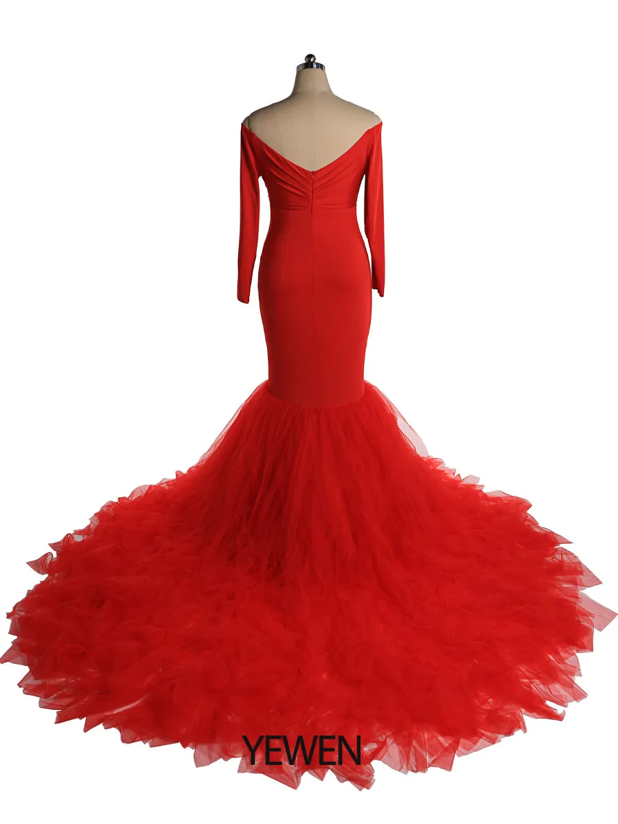 Off Shoulder V Neck Long Sleeves Strech Material Mermaid Maternity Dress Baby Shower YW2069