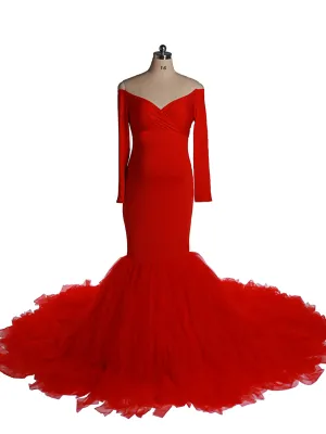 Off Shoulder V Neck Long Sleeves Strech Material Mermaid Maternity Dress Baby Shower YW2069