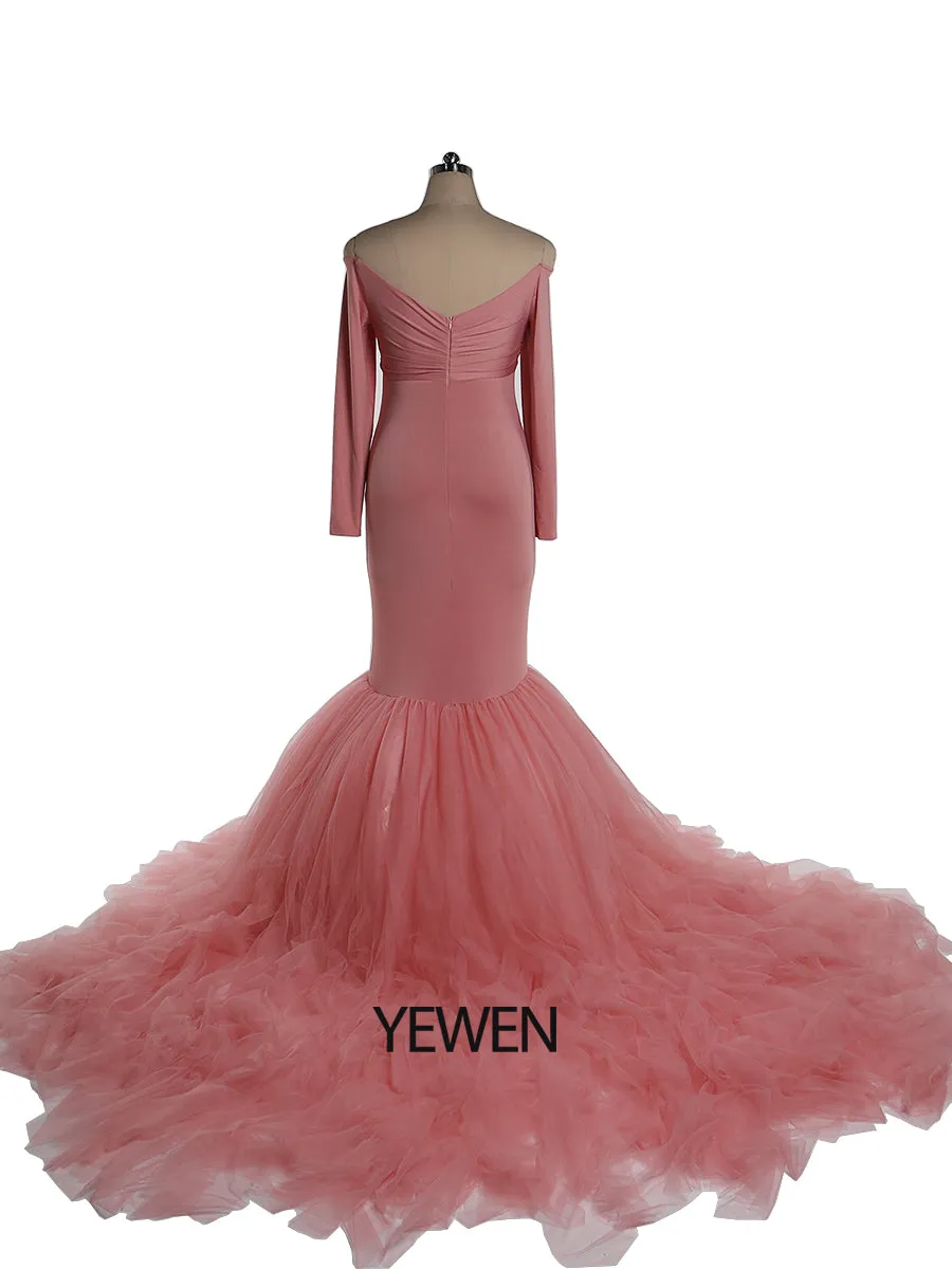 Off Shoulder V Neck Long Sleeves Strech Material Mermaid Maternity Dress Baby Shower YW2069