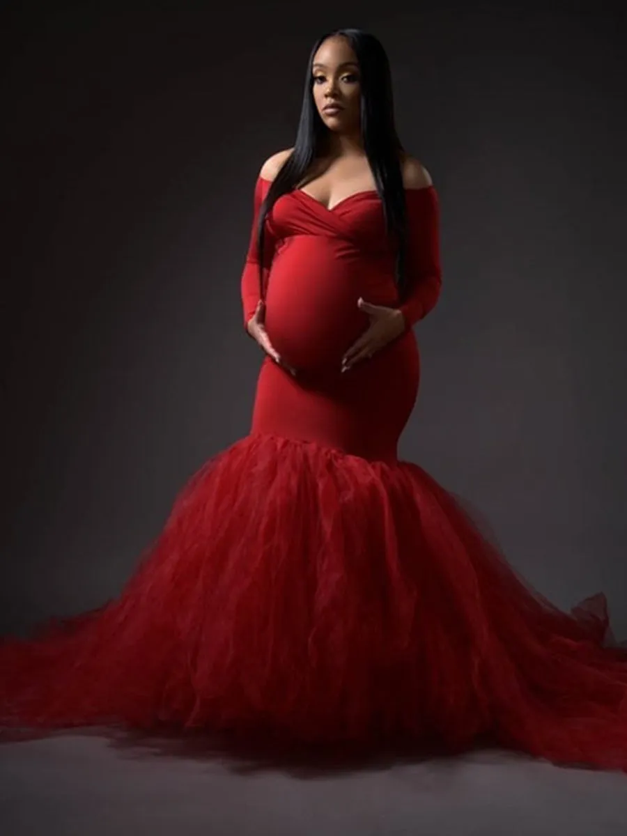 Off Shoulder V Neck Long Sleeves Strech Material Mermaid Maternity Dress Baby Shower YW2069