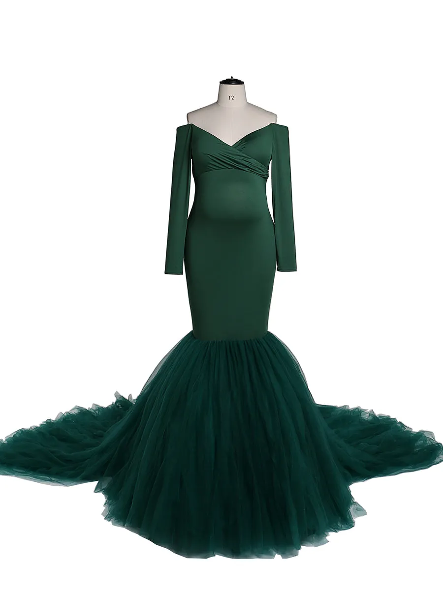 Off Shoulder V Neck Long Sleeves Strech Material Mermaid Maternity Dress Baby Shower YW2069