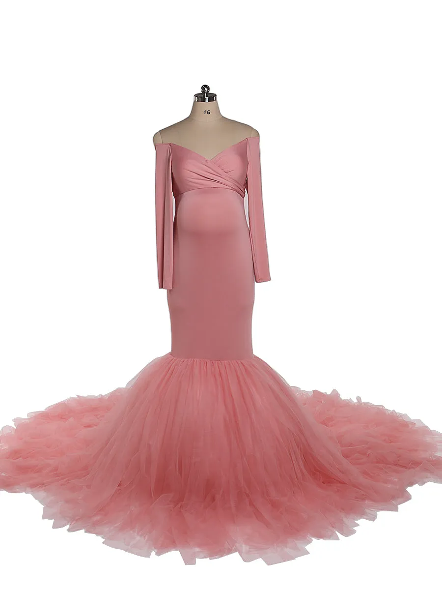 Off Shoulder V Neck Long Sleeves Strech Material Mermaid Maternity Dress Baby Shower YW2069