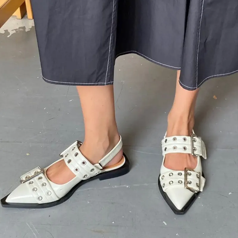Oil wax leather pointed toe big buckle flat shoes