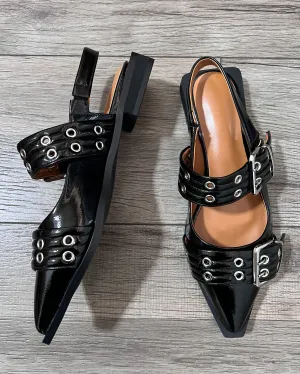 Oil wax leather pointed toe big buckle flat shoes