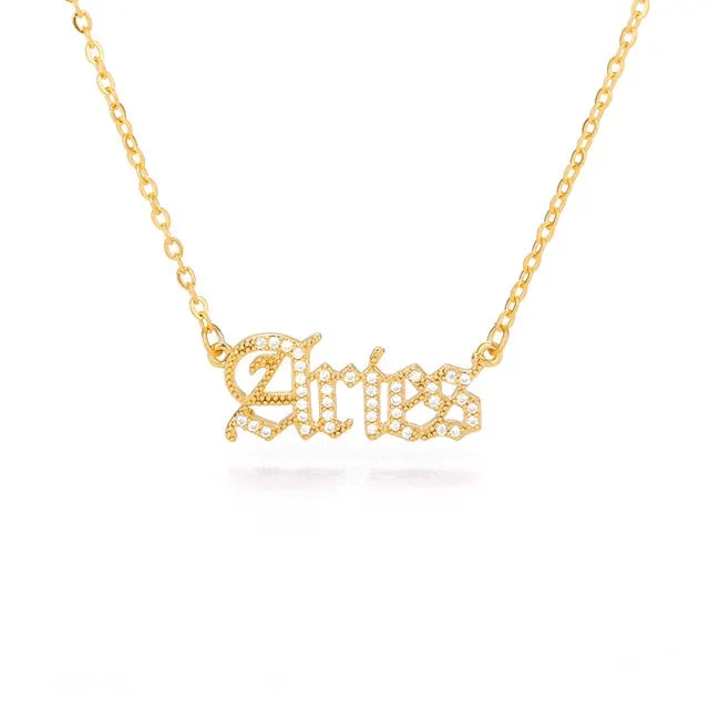 Old English Letter Zirconia Zodiac Necklace