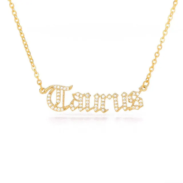 Old English Letter Zirconia Zodiac Necklace