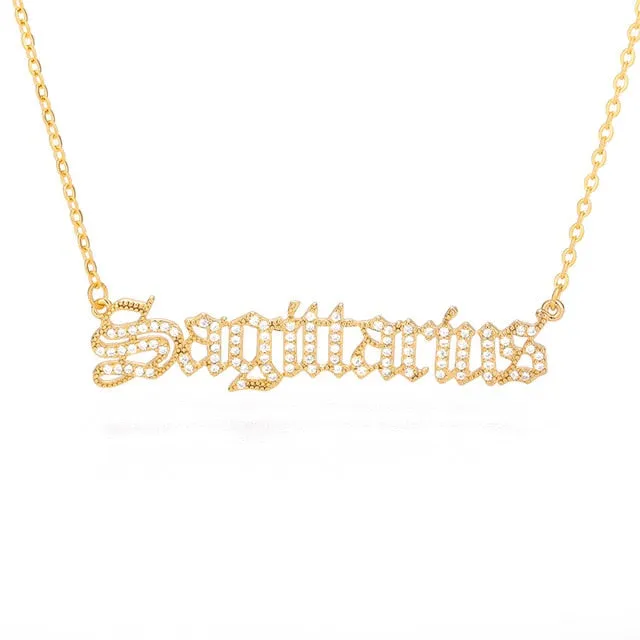 Old English Letter Zirconia Zodiac Necklace