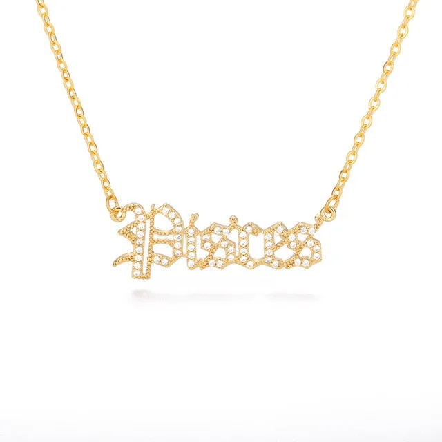 Old English Letter Zirconia Zodiac Necklace