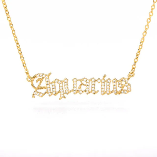Old English Letter Zirconia Zodiac Necklace