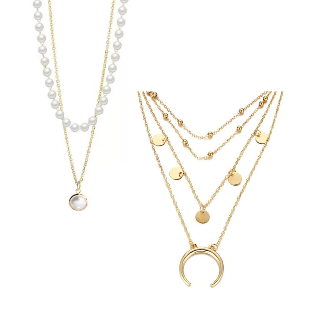 Pack Of 2 Pearl Layered Beads Half Moon Earth Pendant