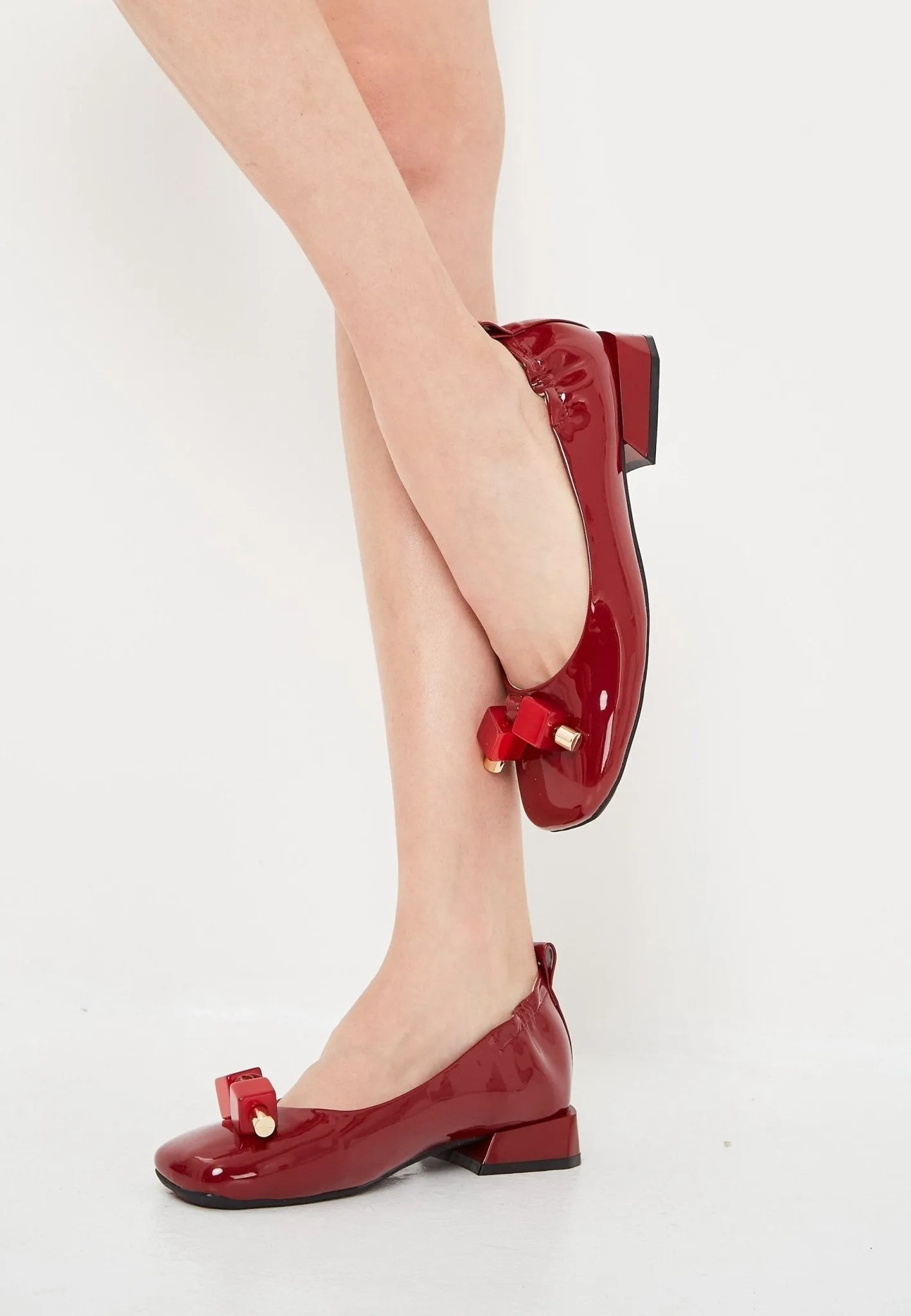 Patent Leather Embellished Ballet Flats- Red